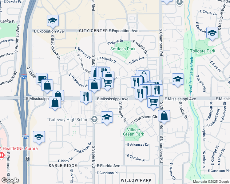 map of restaurants, bars, coffee shops, grocery stores, and more near 14593 East Mississippi Avenue in Aurora