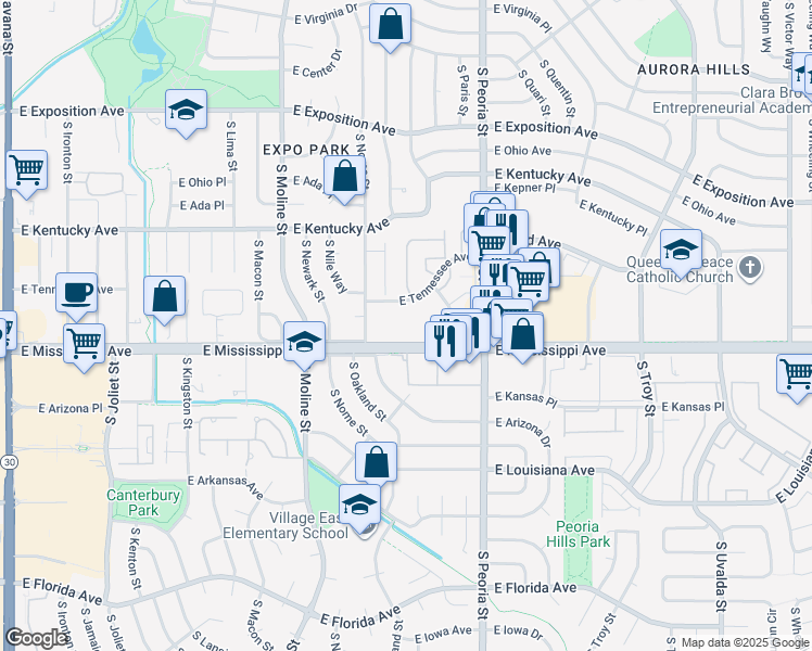 map of restaurants, bars, coffee shops, grocery stores, and more near 11901 East Mississippi Avenue in Aurora