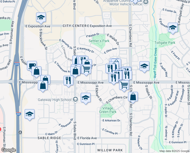 map of restaurants, bars, coffee shops, grocery stores, and more near 1076 South Elkhart Way in Aurora