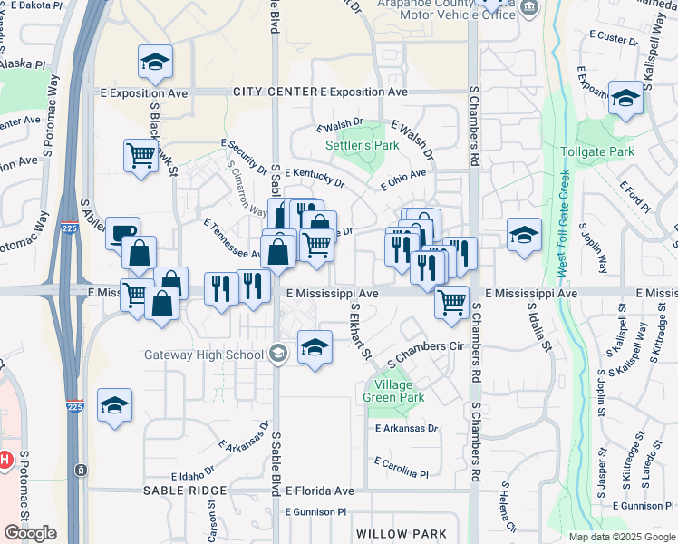 map of restaurants, bars, coffee shops, grocery stores, and more near 14593 East Mississippi Avenue in Aurora