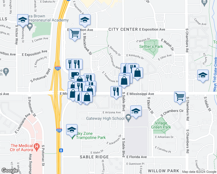 map of restaurants, bars, coffee shops, grocery stores, and more near 14395 East Mississippi Avenue in Aurora