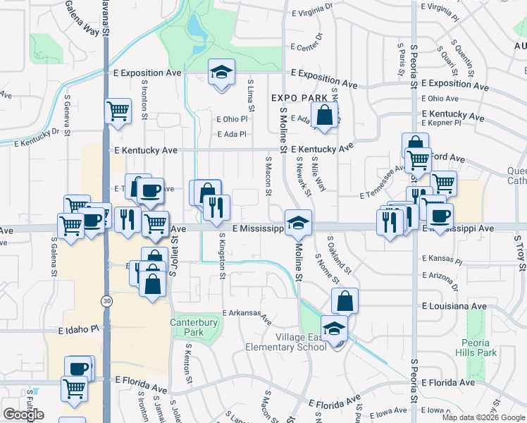 map of restaurants, bars, coffee shops, grocery stores, and more near 1063 South Macon Way in Aurora
