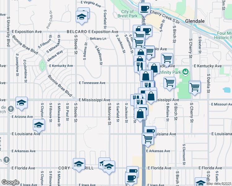 map of restaurants, bars, coffee shops, grocery stores, and more near 1043 South Garfield Street in Denver