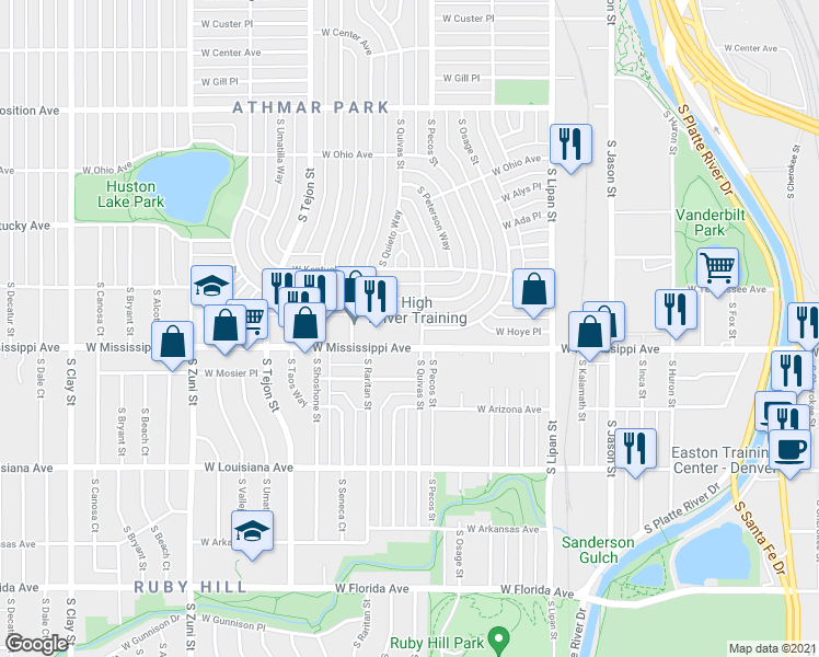 map of restaurants, bars, coffee shops, grocery stores, and more near 1725 West Mississippi Avenue in Denver