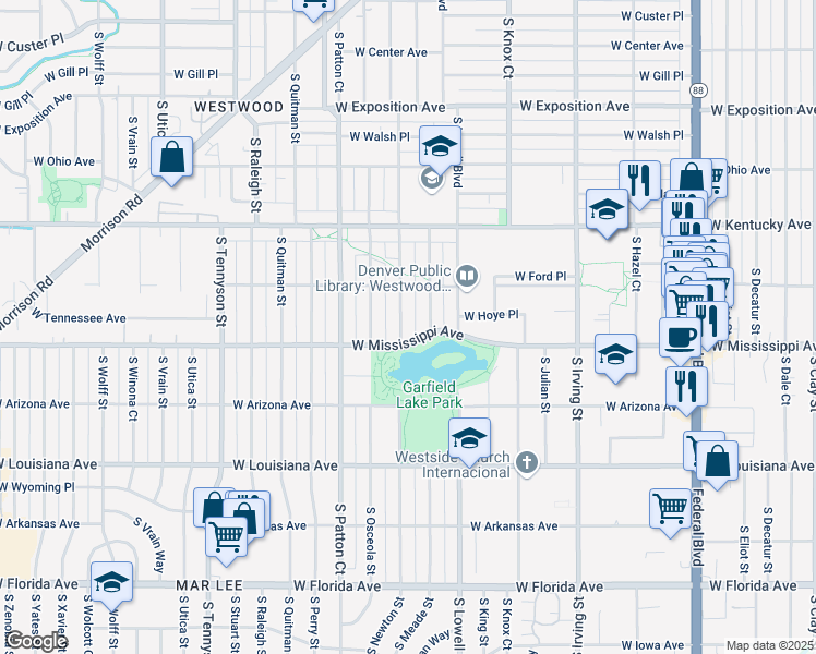 map of restaurants, bars, coffee shops, grocery stores, and more near 1061 South Meade Street in Denver