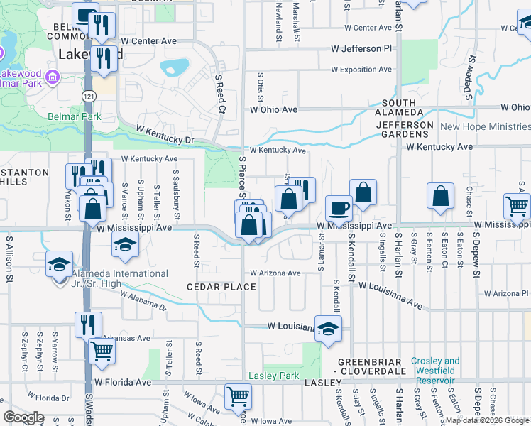 map of restaurants, bars, coffee shops, grocery stores, and more near 6725 West Mississippi Avenue in Lakewood