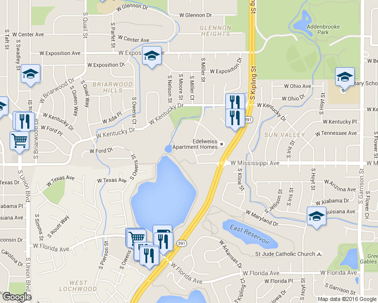 map of restaurants, bars, coffee shops, grocery stores, and more near 999 South Miller Street in Lakewood