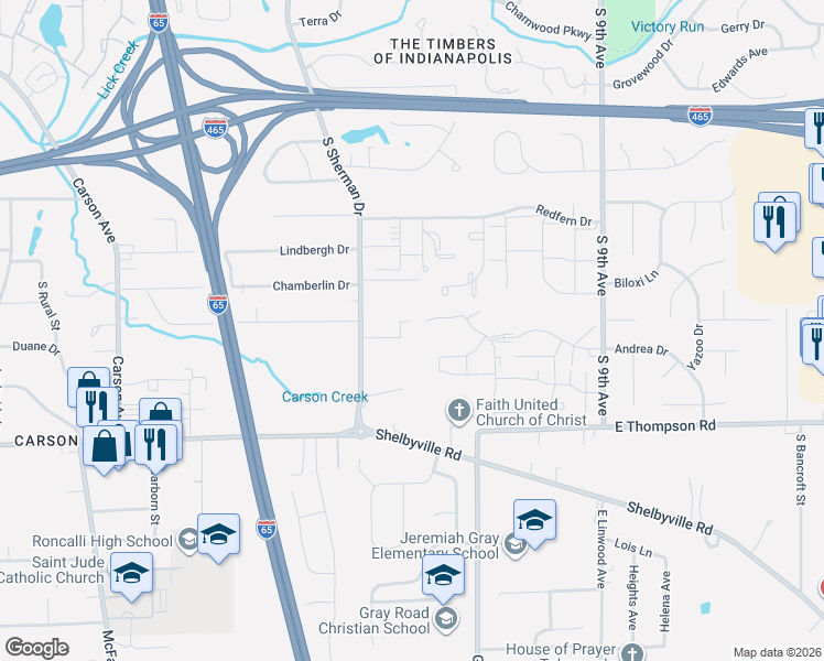 map of restaurants, bars, coffee shops, grocery stores, and more near 3830 Byrd Drive in Indianapolis