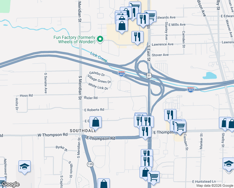 map of restaurants, bars, coffee shops, grocery stores, and more near 4644 White Lick Court in Indianapolis