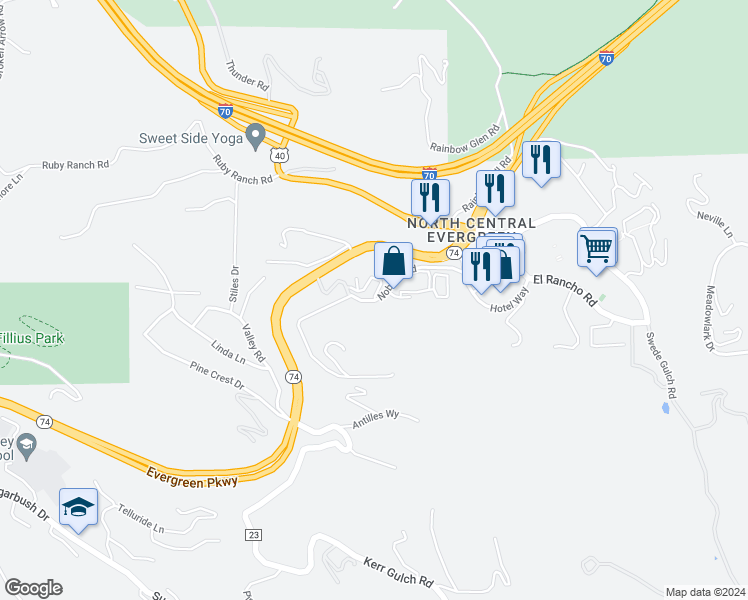 map of restaurants, bars, coffee shops, grocery stores, and more near Nob Hill Road in Evergreen