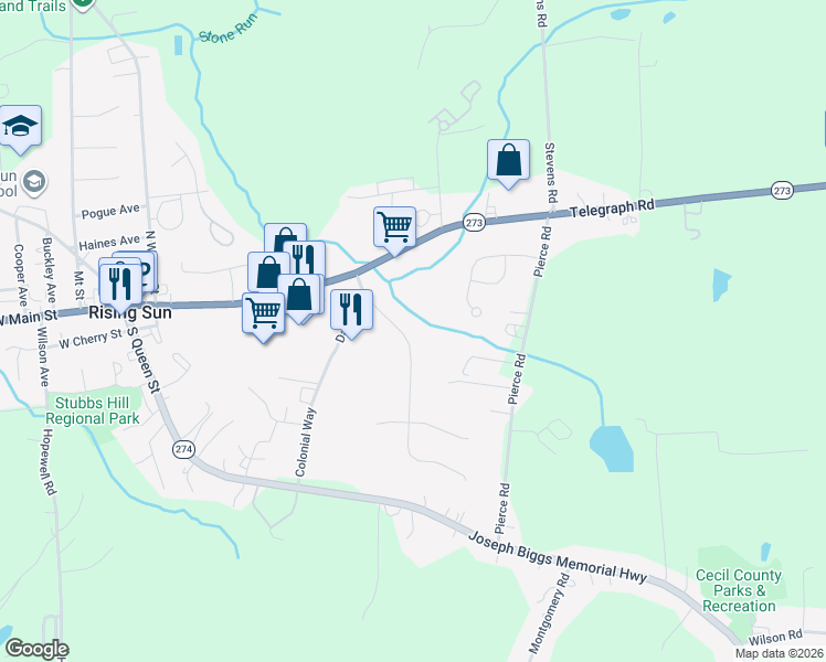 map of restaurants, bars, coffee shops, grocery stores, and more near 307 Ryan Drive in Rising Sun