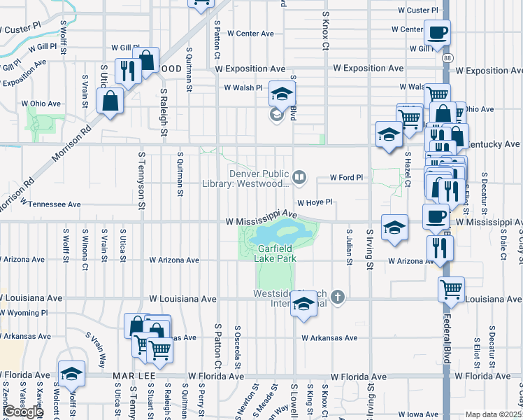 map of restaurants, bars, coffee shops, grocery stores, and more near 1061 South Meade Street in Denver
