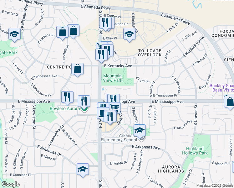 map of restaurants, bars, coffee shops, grocery stores, and more near 961 South Pitkin Court in Aurora