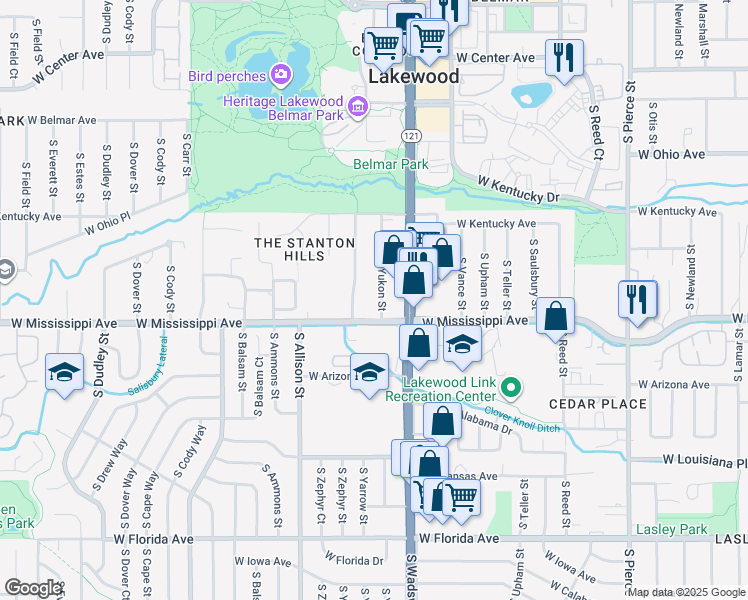 map of restaurants, bars, coffee shops, grocery stores, and more near 7655 West Mississippi Avenue in Lakewood
