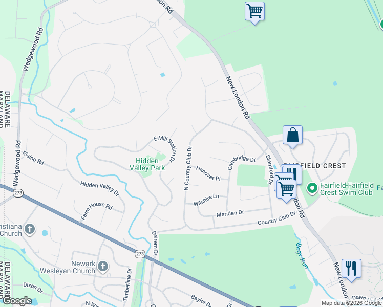 map of restaurants, bars, coffee shops, grocery stores, and more near 808 North Country Club Drive in Newark