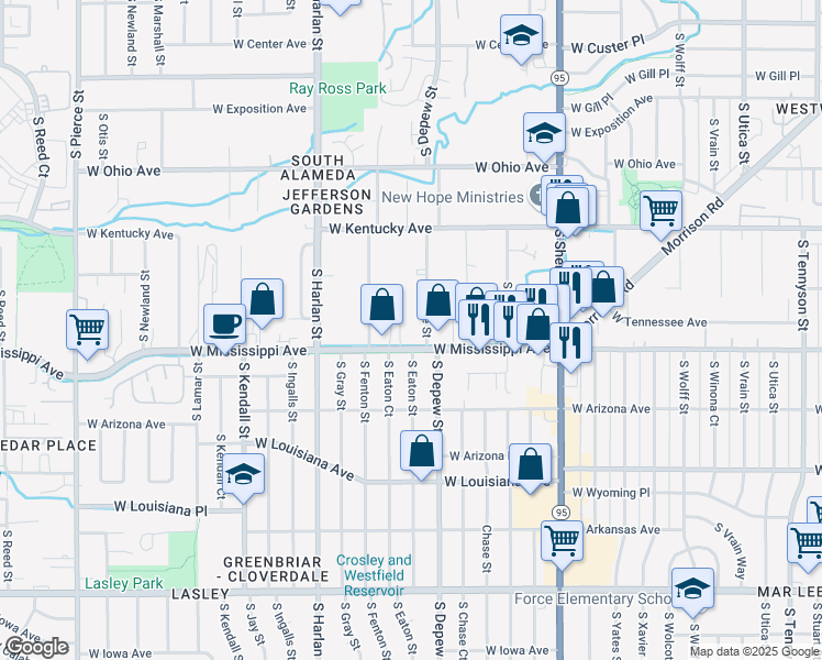 map of restaurants, bars, coffee shops, grocery stores, and more near 5509 West Mississippi Avenue in Lakewood