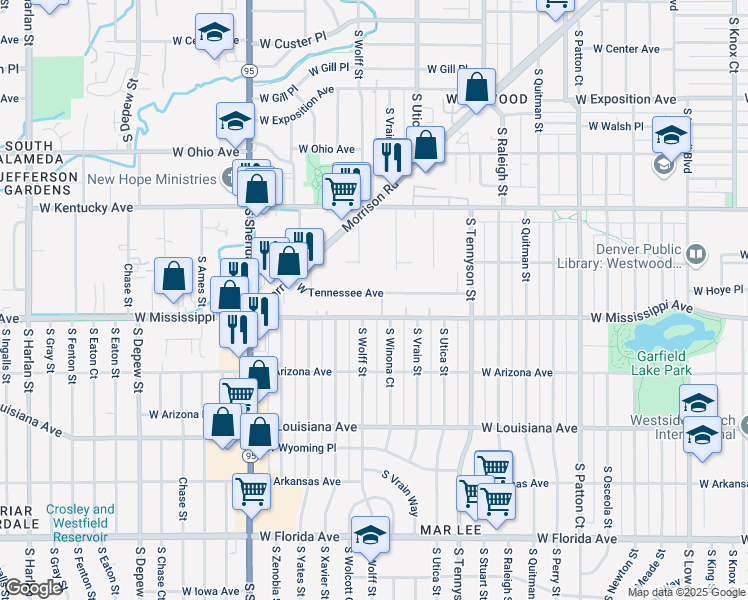 map of restaurants, bars, coffee shops, grocery stores, and more near 4710 West Tennessee Avenue in Denver
