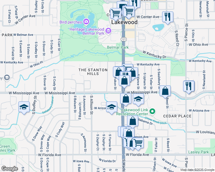 map of restaurants, bars, coffee shops, grocery stores, and more near 1054 South Yarrow Street in Denver