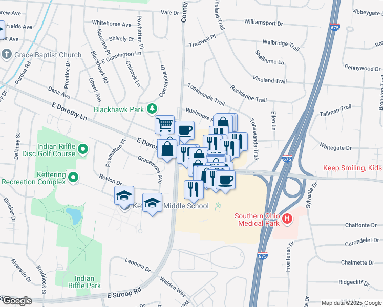 map of restaurants, bars, coffee shops, grocery stores, and more near 4486 Indian Ripple Road in Dayton