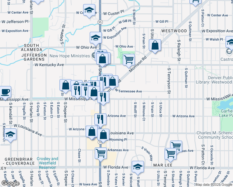 map of restaurants, bars, coffee shops, grocery stores, and more near 5010 West Tennessee Avenue in Denver