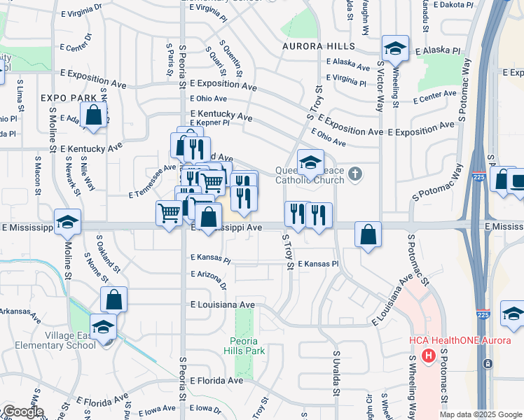 map of restaurants, bars, coffee shops, grocery stores, and more near 1904 South Salem Street in Aurora