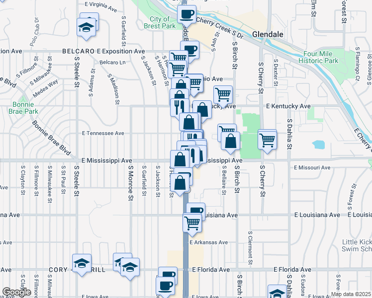 map of restaurants, bars, coffee shops, grocery stores, and more near 1040 South Colorado Boulevard in Denver