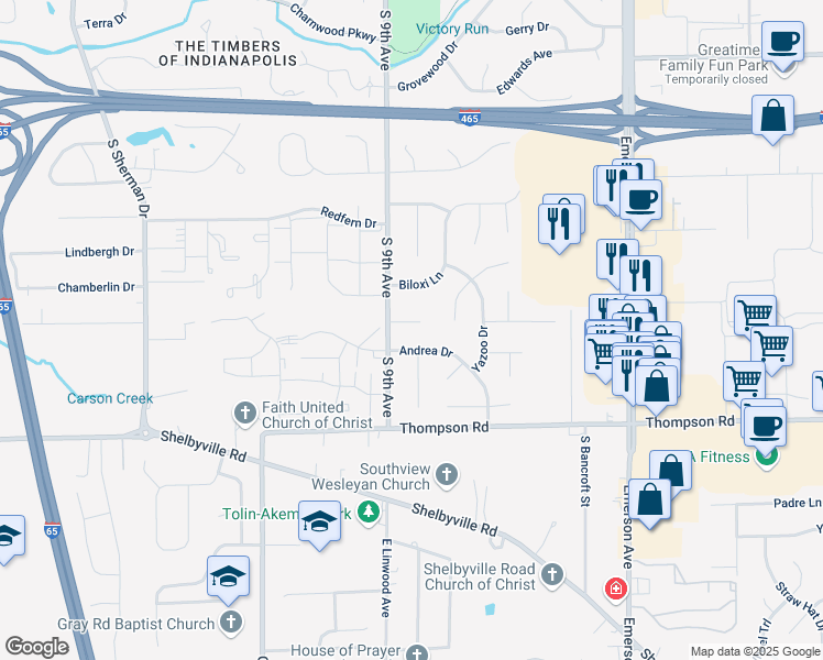 map of restaurants, bars, coffee shops, grocery stores, and more near 9 Roderick Court in Beech Grove