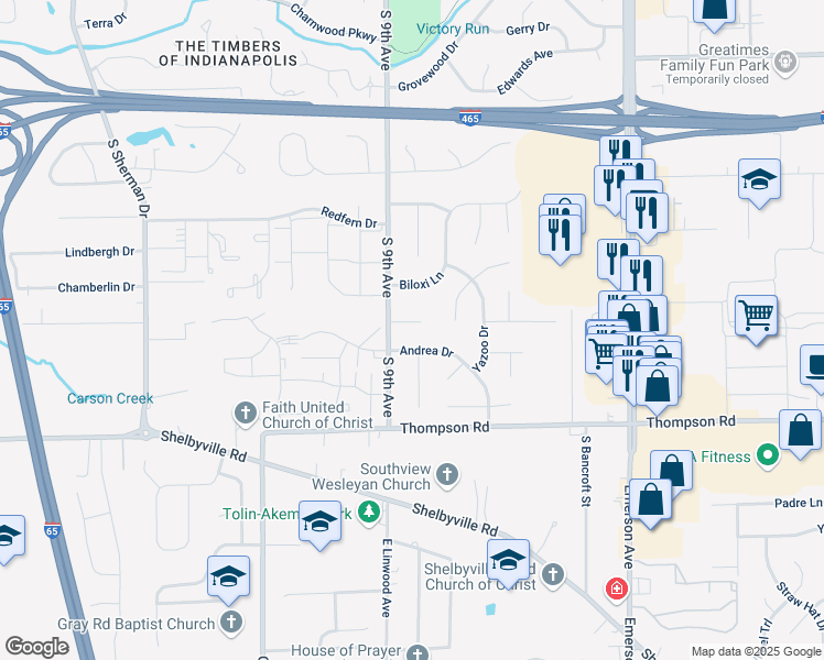 map of restaurants, bars, coffee shops, grocery stores, and more near 9 Roderick Ct in Beech Grove