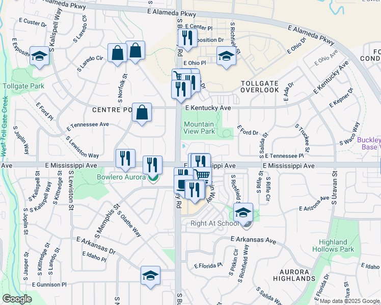 map of restaurants, bars, coffee shops, grocery stores, and more near 17003 East Tennessee Drive in Aurora