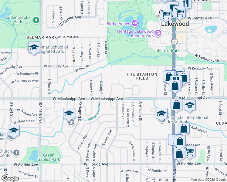 map of restaurants, bars, coffee shops, grocery stores, and more near 1040 South Butler Way in Lakewood