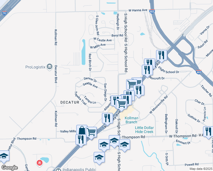 map of restaurants, bars, coffee shops, grocery stores, and more near 4535 San Diego Drive in Indianapolis