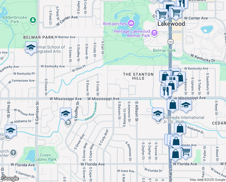 map of restaurants, bars, coffee shops, grocery stores, and more near 1040 South Butler Way in Lakewood