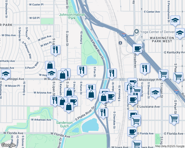 map of restaurants, bars, coffee shops, grocery stores, and more near 1070 South Galapago Street in Denver