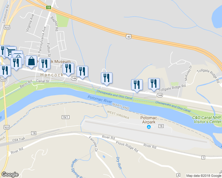 map of restaurants, bars, coffee shops, grocery stores, and more near 125 East Main Street in Hancock