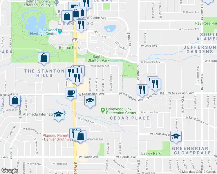 map of restaurants, bars, coffee shops, grocery stores, and more near 1069 S Saulsbury St in Lakewood
