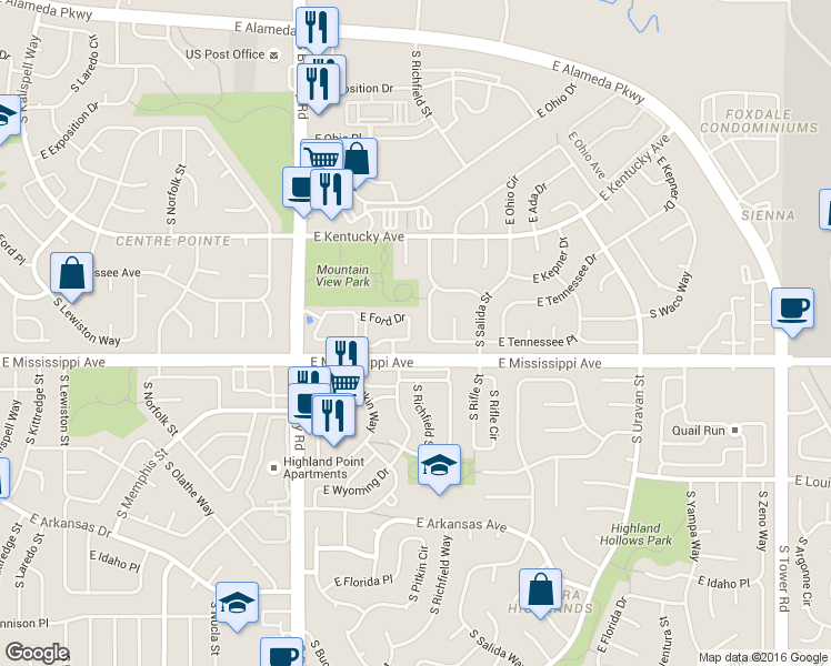 map of restaurants, bars, coffee shops, grocery stores, and more near 17286 East Ford Drive in Aurora