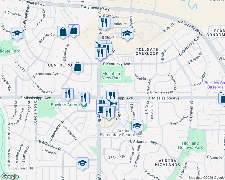 map of restaurants, bars, coffee shops, grocery stores, and more near 961 South Pitkin Court in Aurora