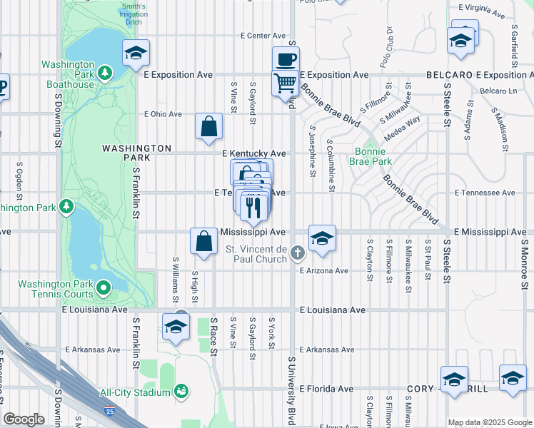 map of restaurants, bars, coffee shops, grocery stores, and more near 1057 South York Street in Denver