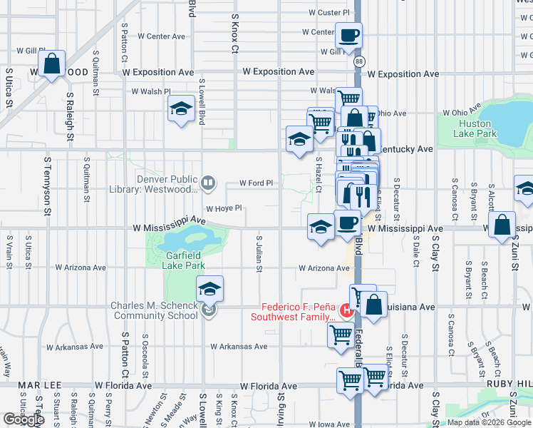 map of restaurants, bars, coffee shops, grocery stores, and more near 1055 South Irving Street in Denver
