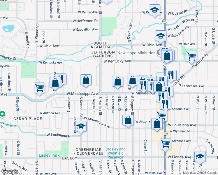 map of restaurants, bars, coffee shops, grocery stores, and more near 5715 West Mississippi Avenue in Lakewood