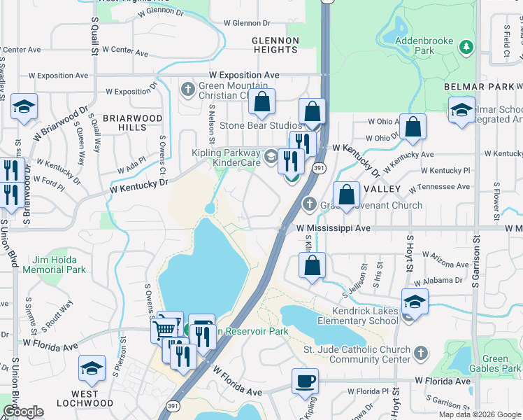 map of restaurants, bars, coffee shops, grocery stores, and more near 1033 South Miller Way in Lakewood