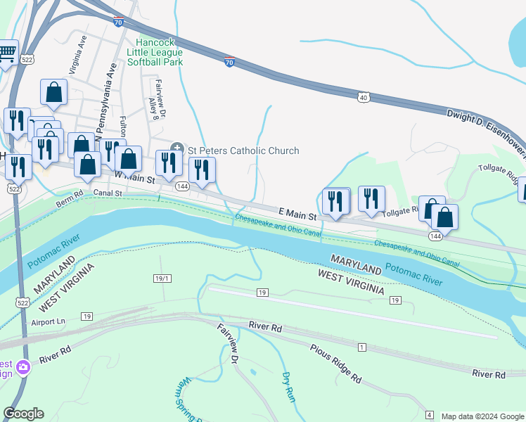 map of restaurants, bars, coffee shops, grocery stores, and more near 125 East Main Street in Hancock