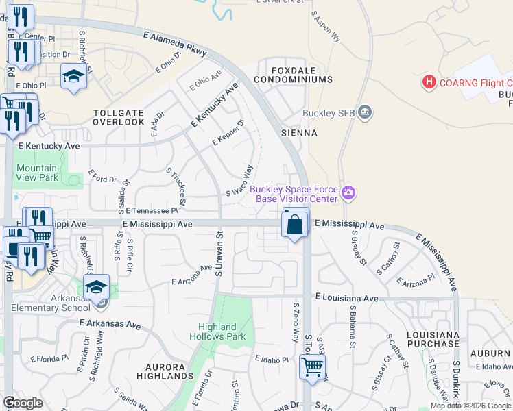 map of restaurants, bars, coffee shops, grocery stores, and more near 1059 South Walden Way in Aurora