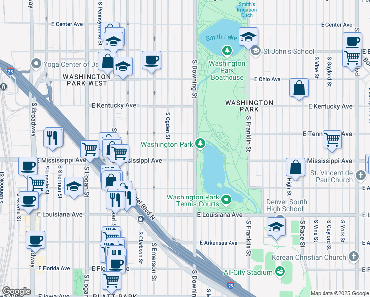 map of restaurants, bars, coffee shops, grocery stores, and more near 1054 South Corona Street in Denver