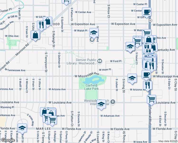map of restaurants, bars, coffee shops, grocery stores, and more near 1061 South Meade Street in Denver