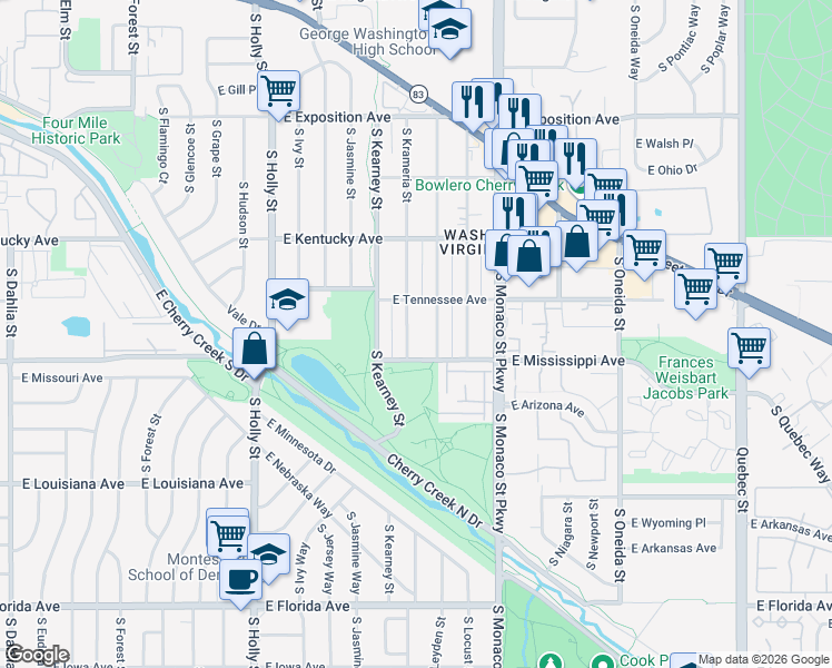 map of restaurants, bars, coffee shops, grocery stores, and more near 1040 South Krameria Street in Denver