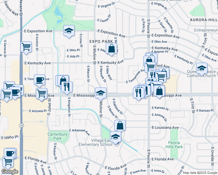 map of restaurants, bars, coffee shops, grocery stores, and more near 1070 South Newark Street in Aurora