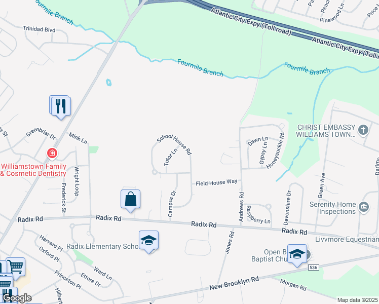 map of restaurants, bars, coffee shops, grocery stores, and more near 442 School House Road in Monroe Township