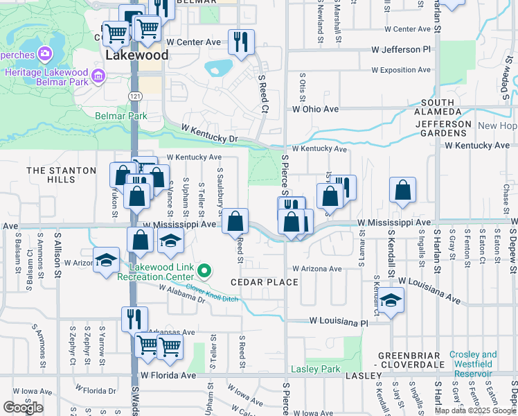 map of restaurants, bars, coffee shops, grocery stores, and more near 6825 West Mississippi Avenue in Lakewood