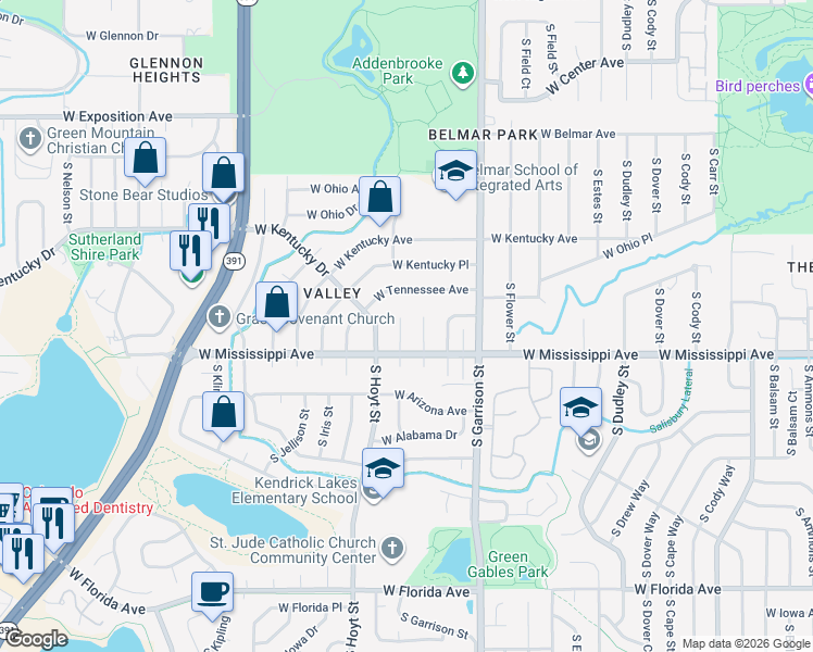 map of restaurants, bars, coffee shops, grocery stores, and more near 1012 South Holland Court in Lakewood